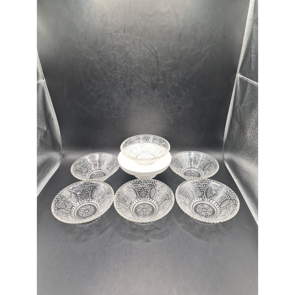Vintage Federal Pressed Glass Heritage Clear Dessert Fruit Starburst Set of 6